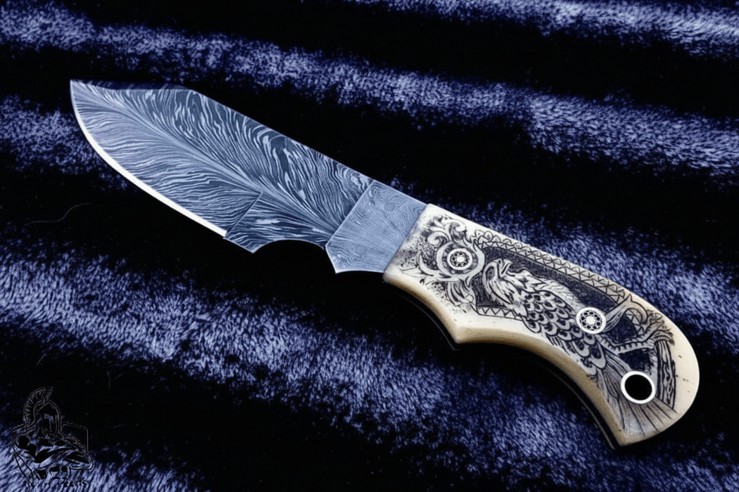 Handmade Damascus Drop Point Hunting Knife with Engraved Bone Handle and Leather Sheath