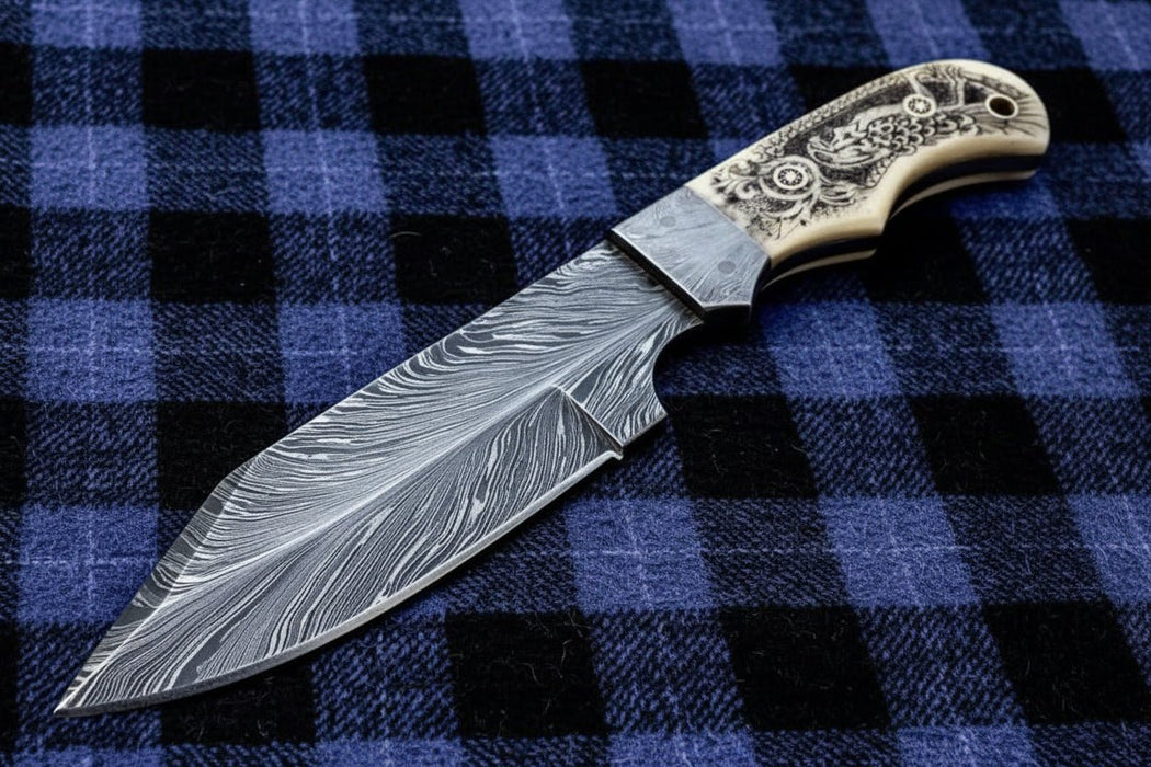 Handmade Damascus Drop Point Hunting Knife with Engraved Bone Handle and Leather Sheath