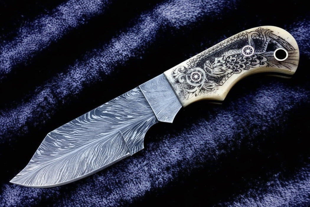 Handmade Damascus Drop Point Hunting Knife with Engraved Bone Handle and Leather Sheath