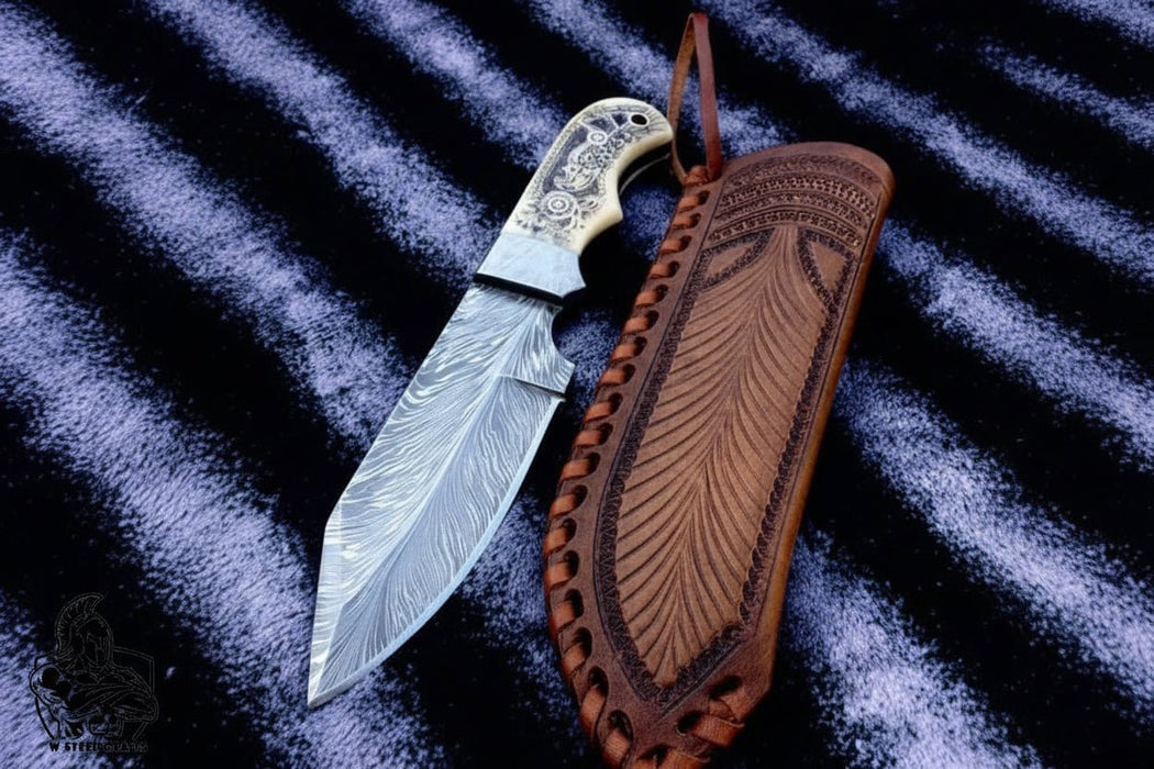 Handmade Damascus Drop Point Hunting Knife with Engraved Bone Handle and Leather Sheath