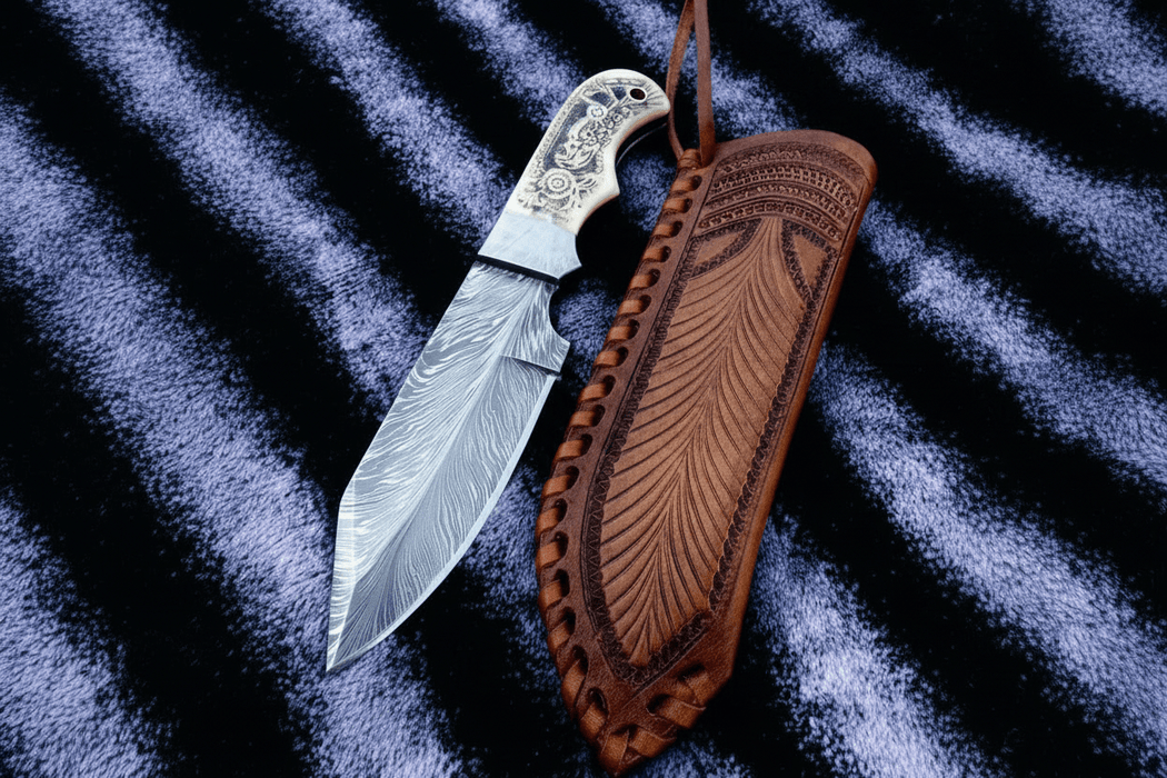 Handmade Damascus Drop Point Hunting Knife with Engraved Bone Handle and Leather Sheath