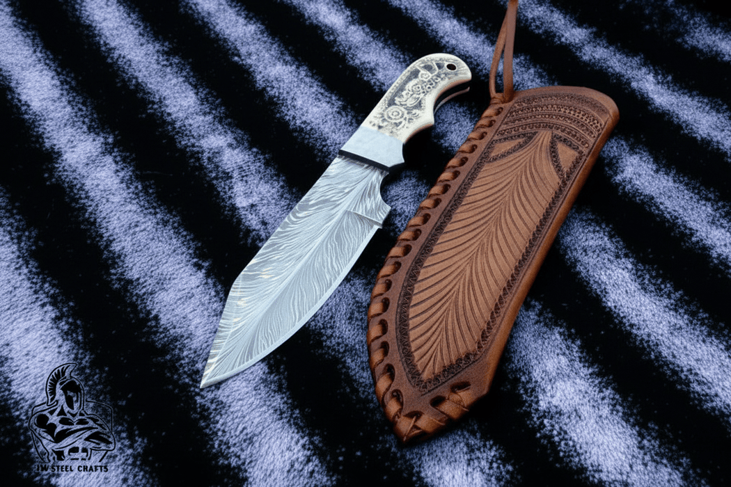 Handmade Damascus Drop Point Hunting Knife with Engraved Bone Handle and Leather Sheath