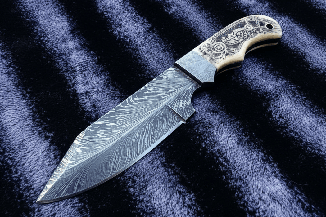 Handmade Damascus Drop Point Hunting Knife with Engraved Bone Handle and Leather Sheath