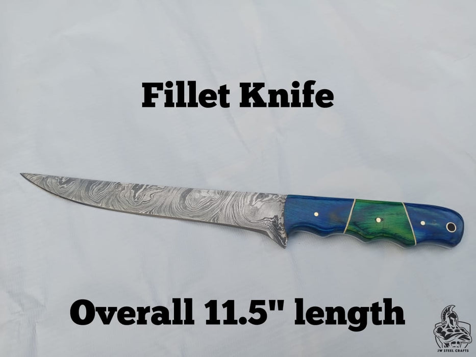 Handmade Damascus Fillet Knife – 11.5 Inch Overall Length, Flexible Fish Filleting Blade with Colored Wood Handle, Full Tang Fishing Knife with Leather Sheath, JW SteelCrafts