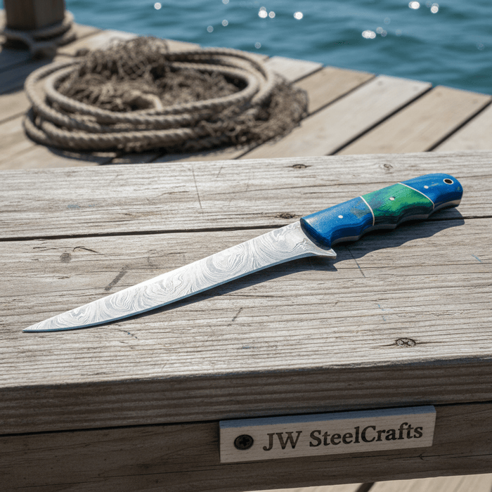 Handmade Damascus Fillet Knife – 11.5 Inch Overall Length, Flexible Fish Filleting Blade with Colored Wood Handle, Full Tang Fishing Knife with Leather Sheath, JW SteelCrafts