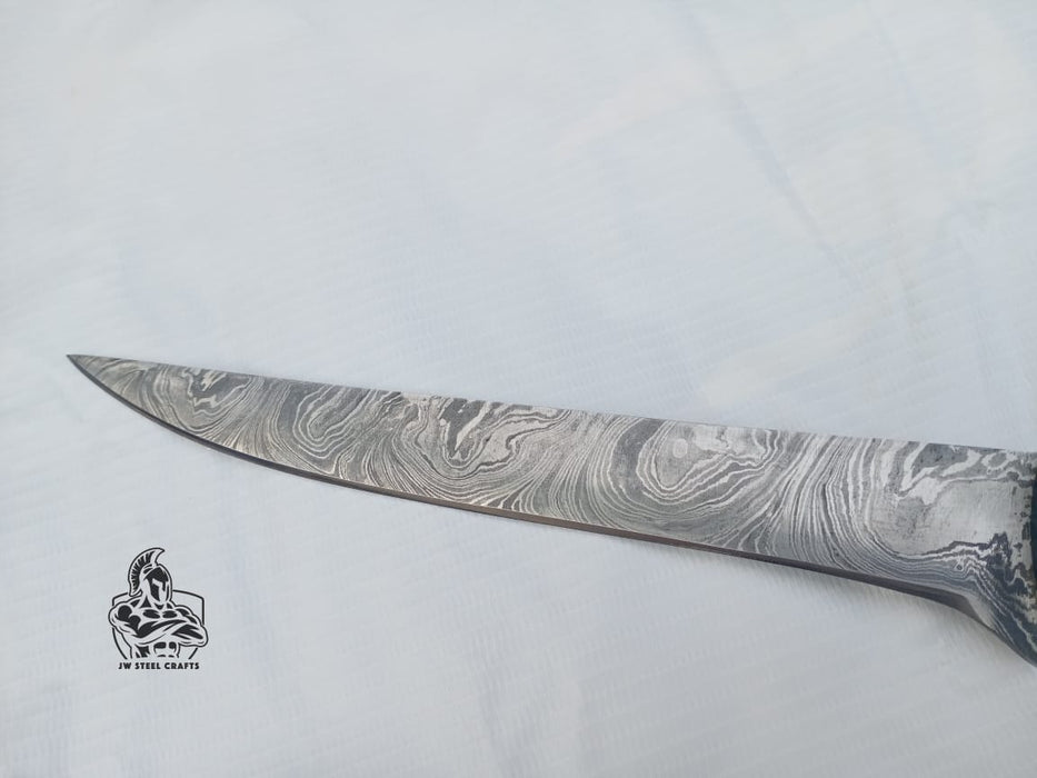 Handmade Damascus Fillet Knife – 11.5 Inch Overall Length, Flexible Fish Filleting Blade with Colored Wood Handle, Full Tang Fishing Knife with Leather Sheath, JW SteelCrafts