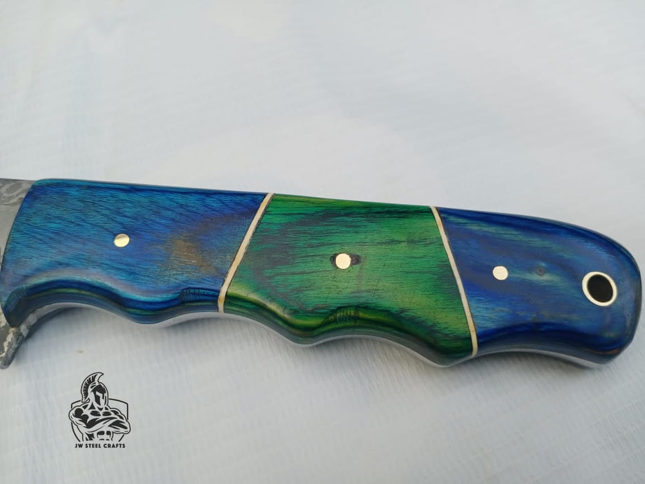 Handmade Damascus Fillet Knife – 11.5 Inch Overall Length, Flexible Fish Filleting Blade with Colored Wood Handle, Full Tang Fishing Knife with Leather Sheath, JW SteelCrafts