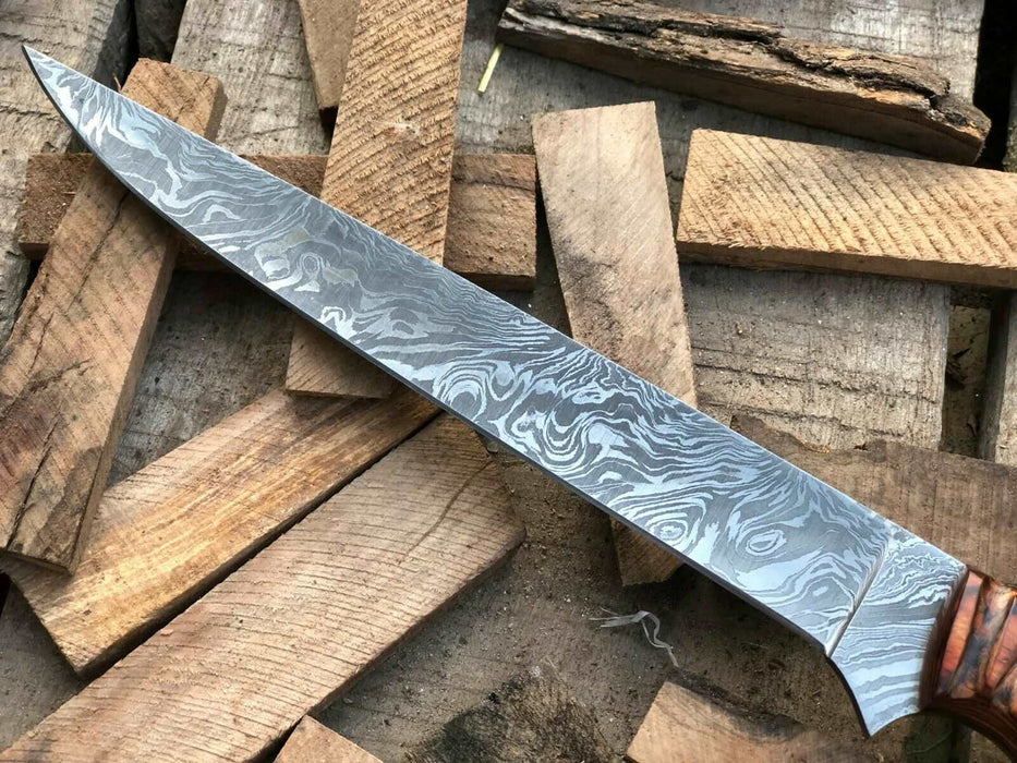 Hand-forged 13.5 Damascus Fish Fillet Knife – Flexible Full Tang with Ridged Texture Rosewood Handle