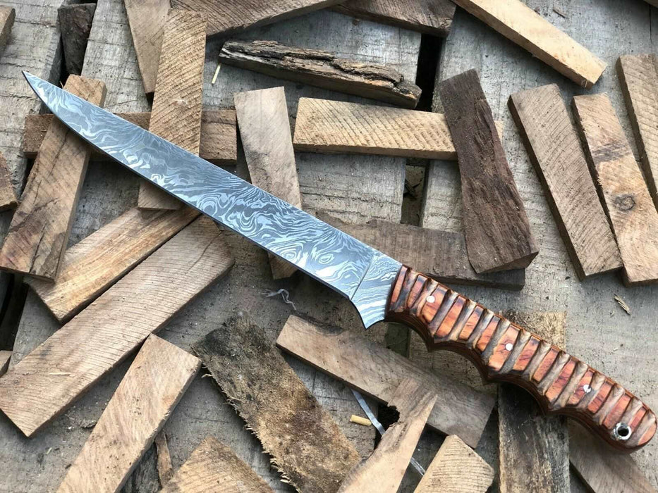 Hand-forged 13.5 Damascus Fish Fillet Knife – Flexible Full Tang with Ridged Texture Rosewood Handle