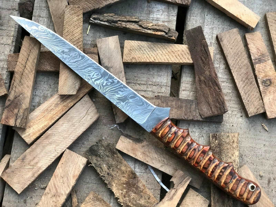 Hand-forged 13.5 Damascus Fish Fillet Knife – Flexible Full Tang with Ridged Texture Rosewood Handle