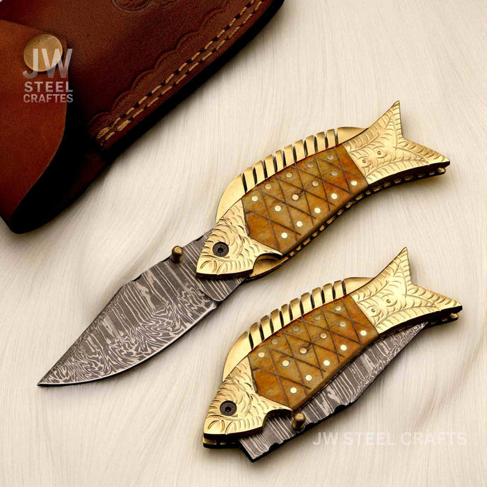 Damascus Fish Folding Knife with Bone Handle, Brass Bolster and Leather Sheath