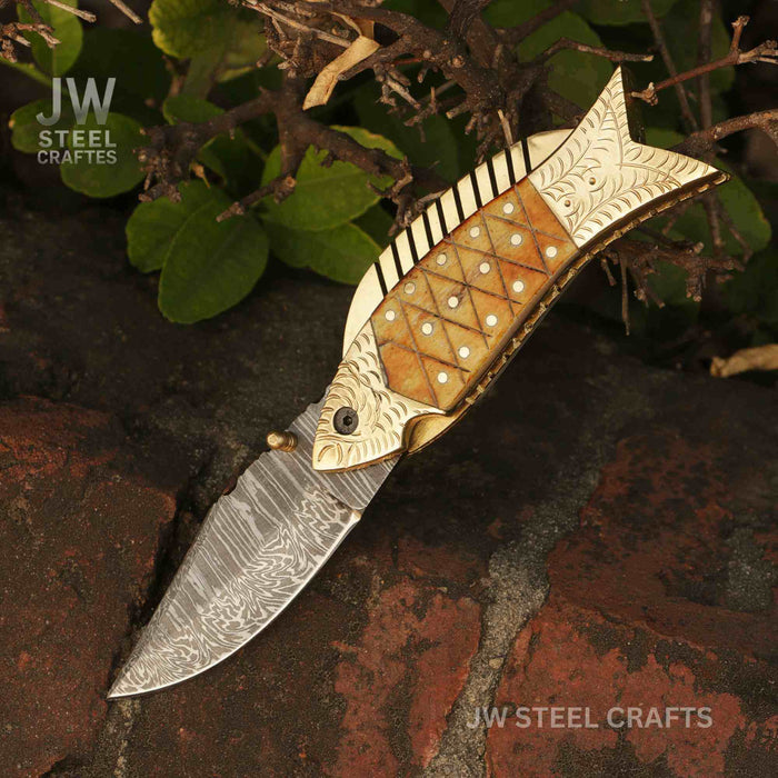 Damascus Fish Folding Knife with Bone Handle, Brass Bolster and Leather Sheath