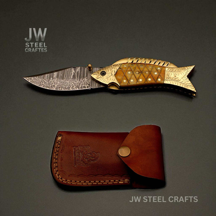 Damascus Fish Folding Knife with Bone Handle, Brass Bolster and Leather Sheath