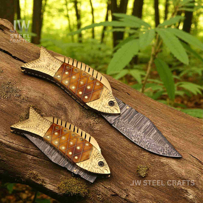 Damascus Fish Folding Knife with Bone Handle, Brass Bolster and Leather Sheath