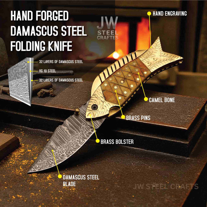 Damascus Fish Folding Knife with Bone Handle, Brass Bolster and Leather Sheath