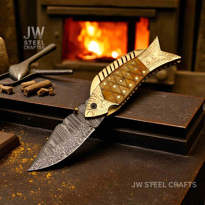 Damascus Fish Folding Knife with Bone Handle, Brass Bolster and Leather Sheath