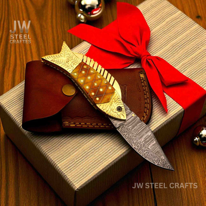 Damascus Fish Folding Knife with Bone Handle, Brass Bolster and Leather Sheath