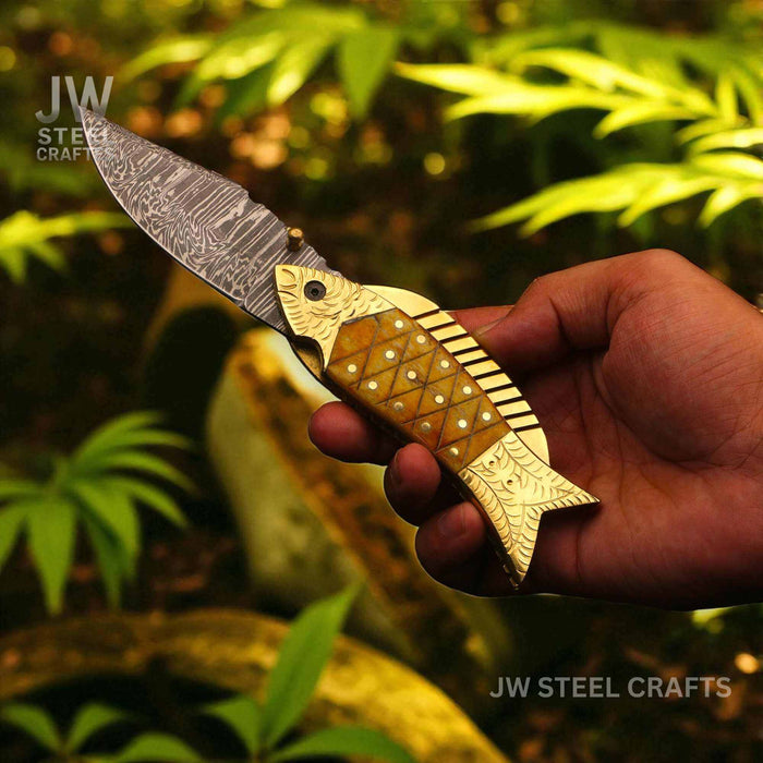 Damascus Fish Folding Knife with Bone Handle, Brass Bolster and Leather Sheath