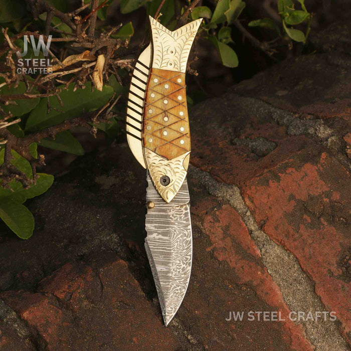 Damascus Fish Folding Knife with Bone Handle, Brass Bolster and Leather Sheath