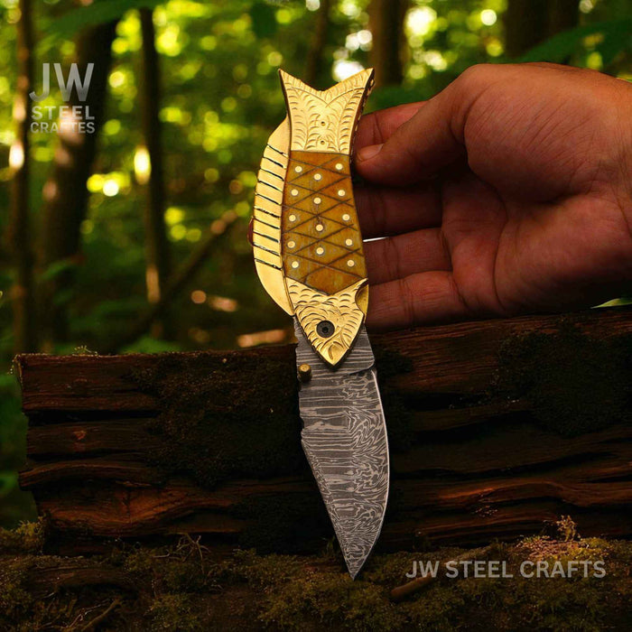 Damascus Fish Folding Knife with Bone Handle, Brass Bolster and Leather Sheath