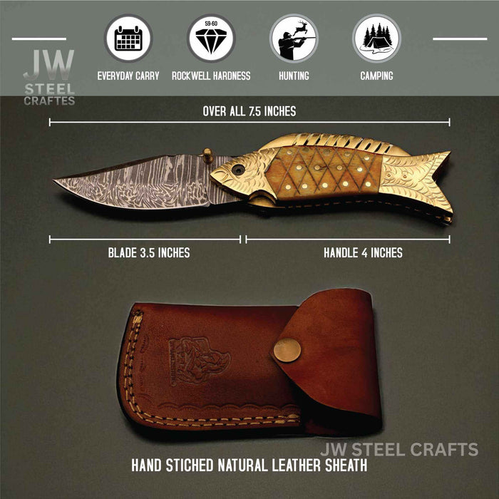 Damascus Fish Folding Knife with Bone Handle, Brass Bolster and Leather Sheath