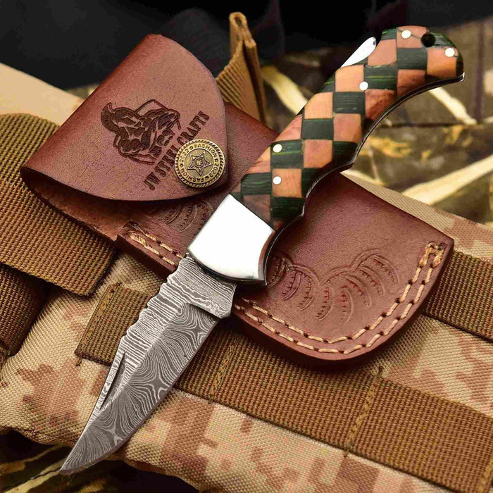 Handmade Damascus Folding Knife with Checker Pattern Wood Handle (Red, Green, Blue) with Leather Sheath