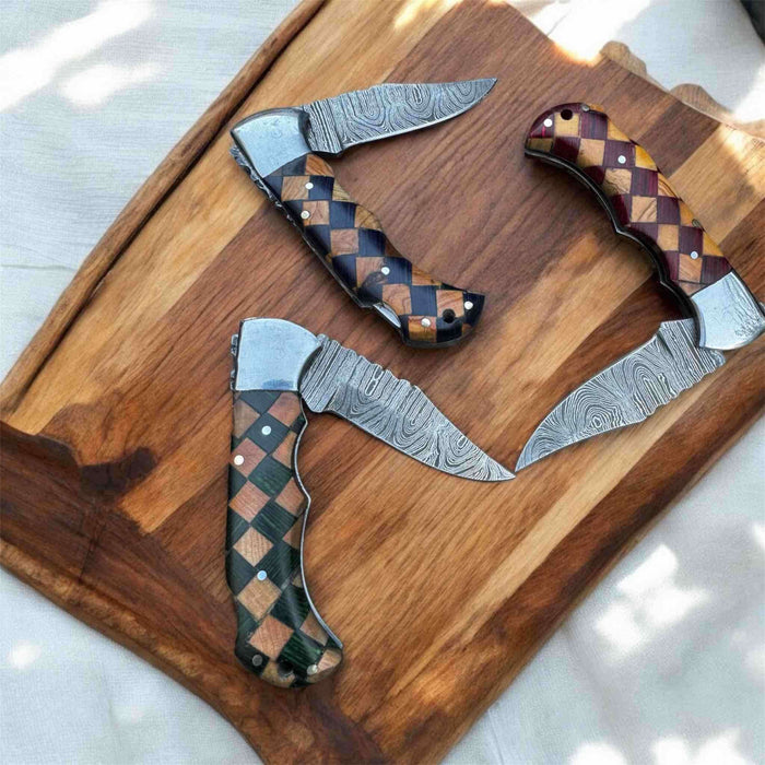 Handmade Damascus Folding Knife with Checker Pattern Wood Handle (Red, Green, Blue) with Leather Sheath