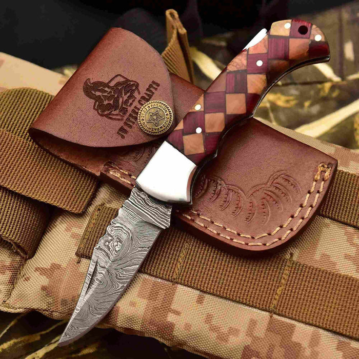Handmade Damascus Folding Knife with Checker Pattern Wood Handle (Red, Green, Blue) with Leather Sheath