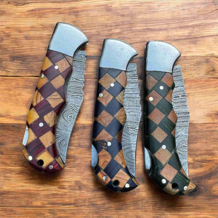 Handmade Damascus Folding Knife with Checker Pattern Wood Handle (Red, Green, Blue) with Leather Sheath