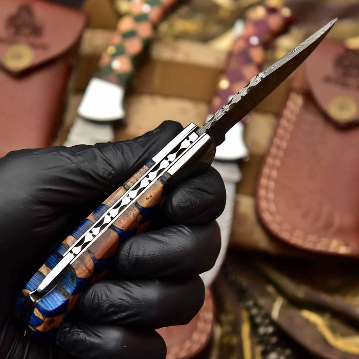 Handmade Damascus Folding Knife with Checker Pattern Wood Handle (Red, Green, Blue) with Leather Sheath