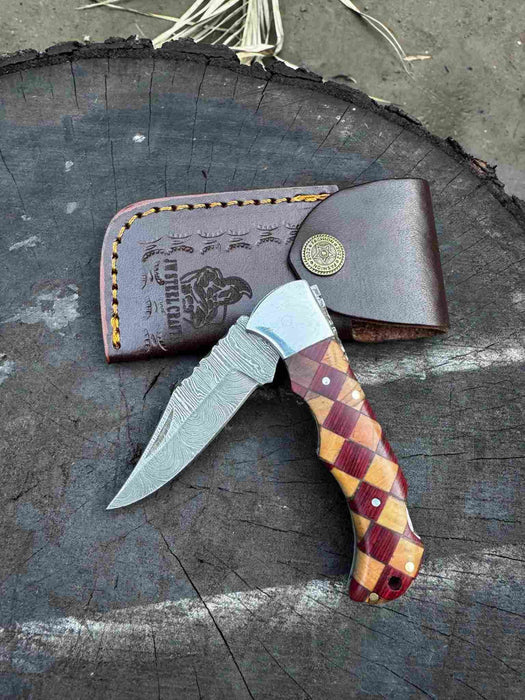 Handmade Damascus Folding Knife with Checker Pattern Wood Handle (Red, Green, Blue) with Leather Sheath