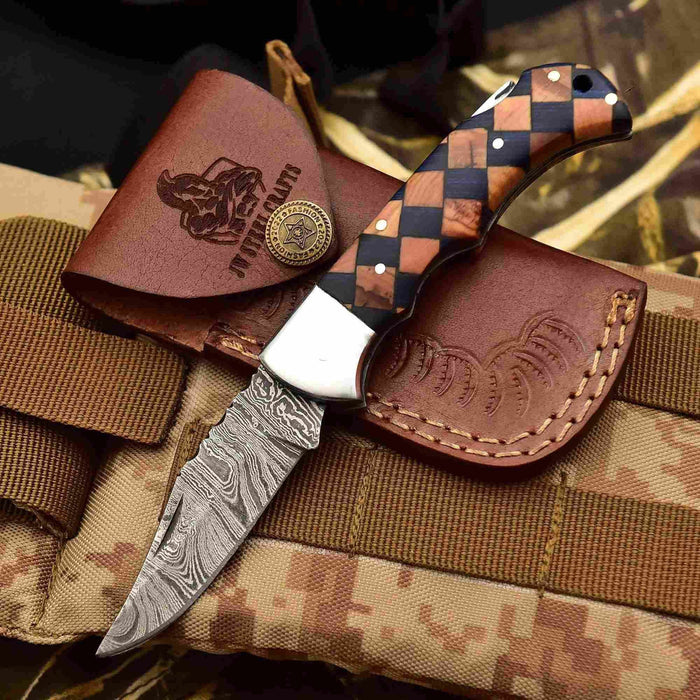 Handmade Damascus Folding Knife with Checker Pattern Wood Handle (Red, Green, Blue) with Leather Sheath