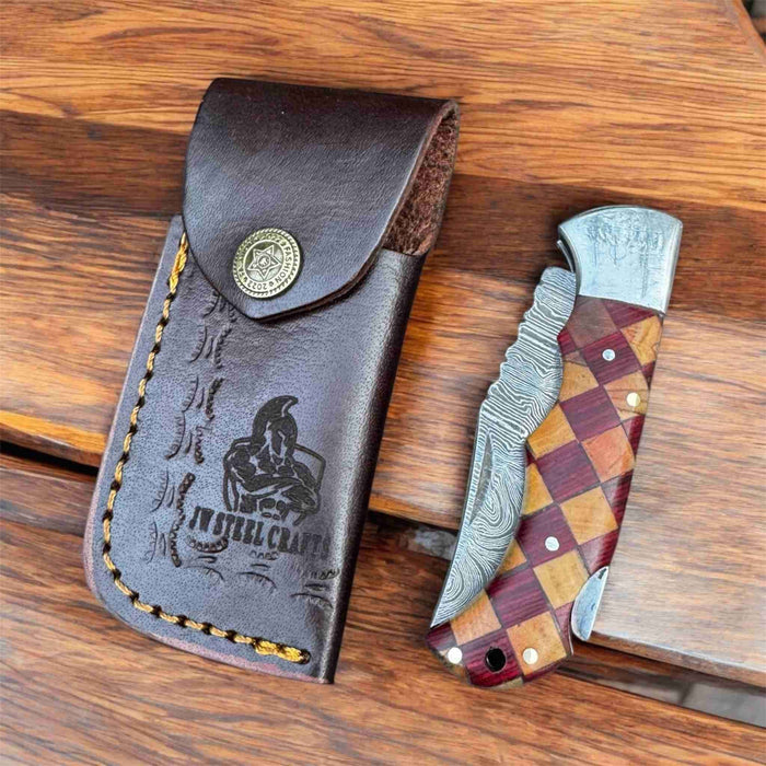 Handmade Damascus Folding Knife with Checker Pattern Wood Handle (Red, Green, Blue) with Leather Sheath