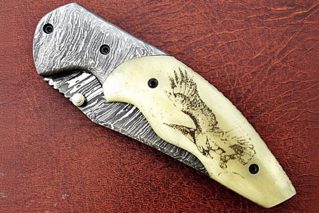 Handmade Damascus Folding Knife, Engraved Bone Handle Pocket Knife, Custom EDC Folder | JW SteelCrafts