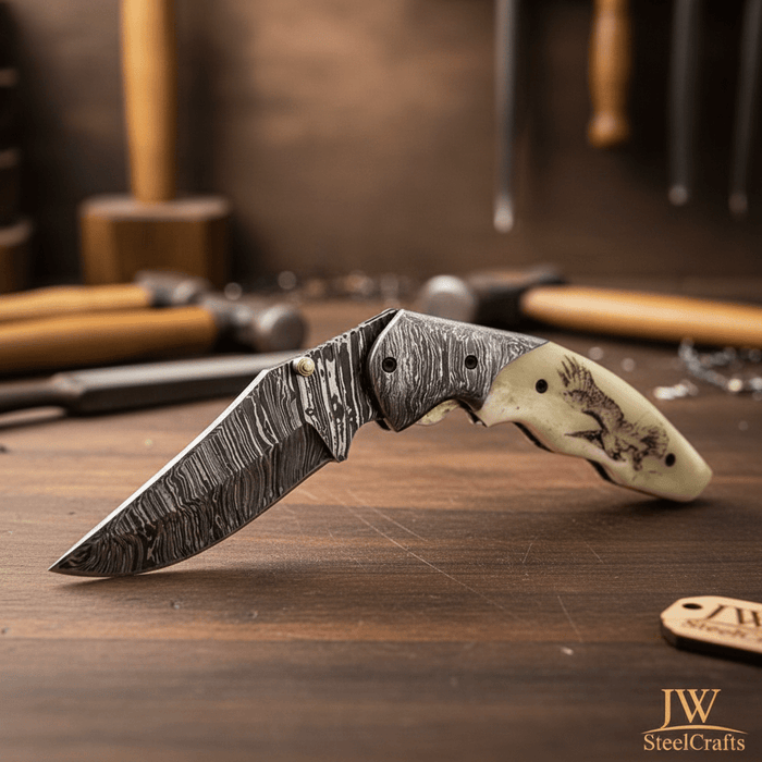 Handmade Damascus Folding Knife, Engraved Bone Handle Pocket Knife, Custom EDC Folder | JW SteelCrafts