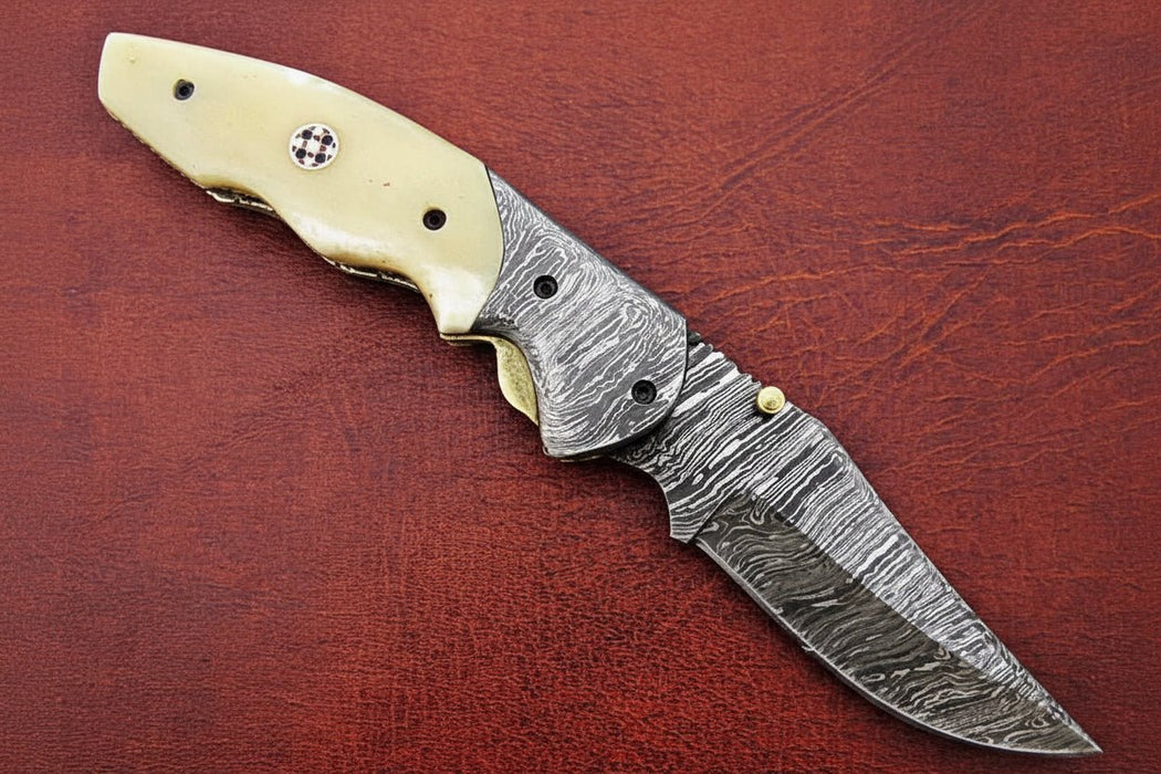 Handmade Damascus Folding Knife, Engraved Bone Handle Pocket Knife, Custom EDC Folder | JW SteelCrafts