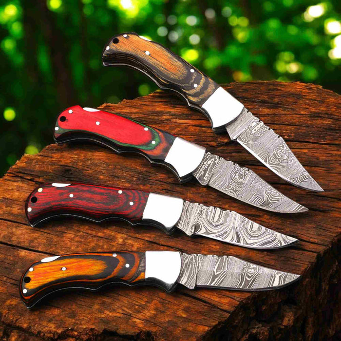 Handmade Damascus Folding Knife with Pakka Wood Handle & 4 Color Variations