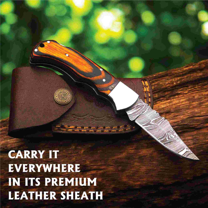 Handmade Damascus Folding Knife with Pakka Wood Handle & 4 Color Variations