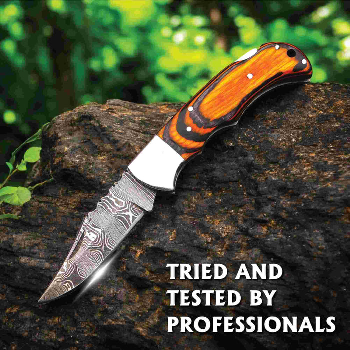 Handmade Damascus Folding Knife with Pakka Wood Handle & 4 Color Variations