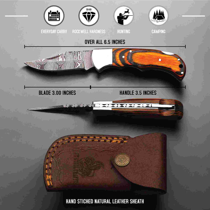 Handmade Damascus Folding Knife with Pakka Wood Handle & 4 Color Variations