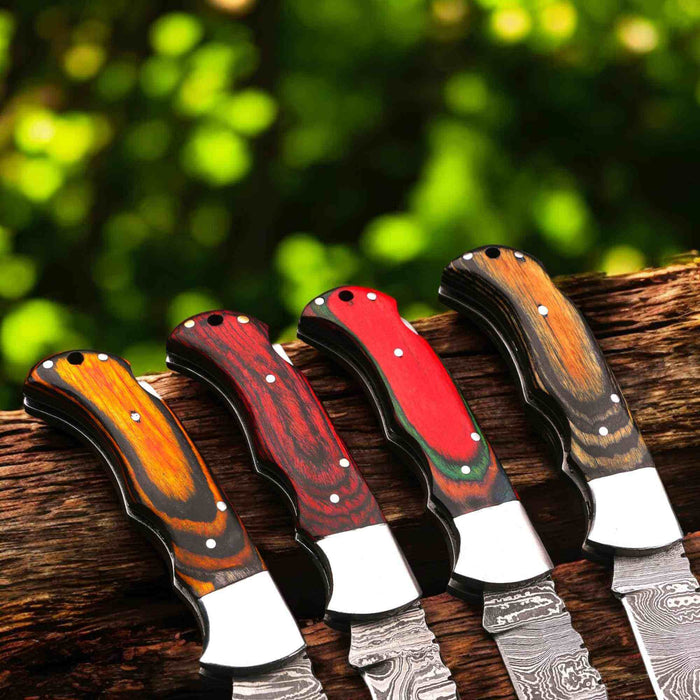 Handmade Damascus Folding Knife with Pakka Wood Handle & 4 Color Variations