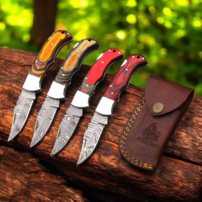 Handmade Damascus Folding Knife with Pakka Wood Handle & 4 Color Variations