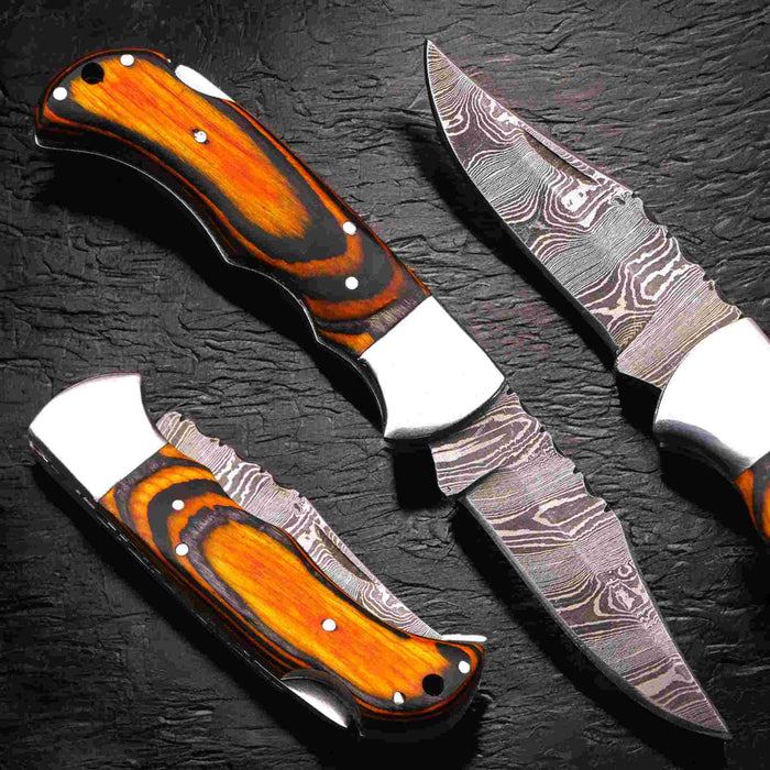 Handmade Damascus Folding Knife with Pakka Wood Handle & 4 Color Variations