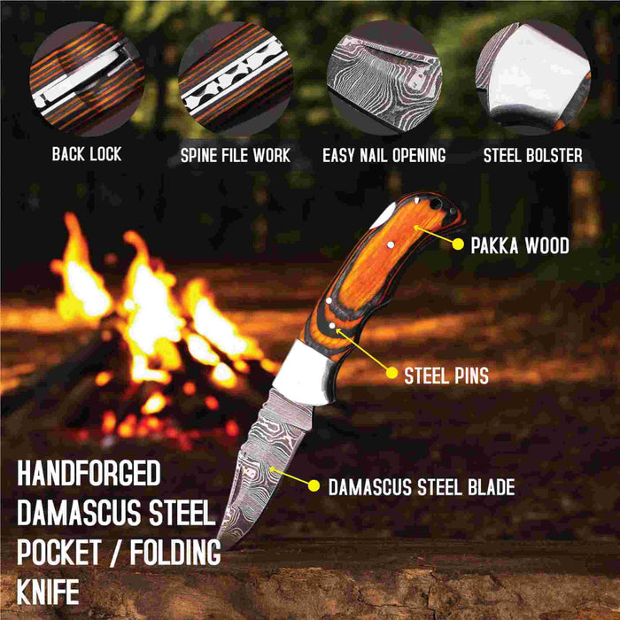 Handmade Damascus Folding Knife with Pakka Wood Handle & 4 Color Variations