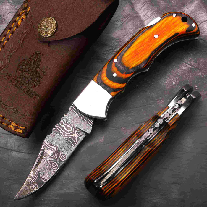 Handmade Damascus Folding Knife with Pakka Wood Handle & 4 Color Variations