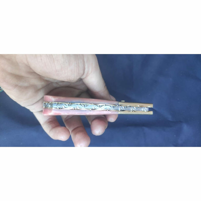 Handmade Damascus Folding Knife – Pink Colored Bone Handle with Brass Bolster | Pocket Knife