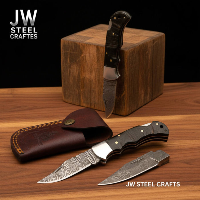 Handmade Damascus Folding Knife with Ram Horn or American Flag Handle