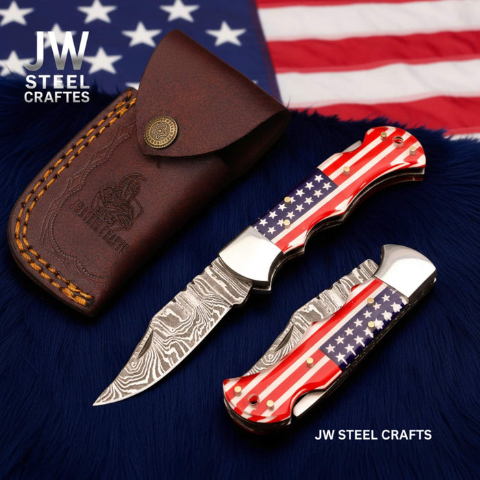 Handmade Damascus Folding Knife with Ram Horn or American Flag Handle