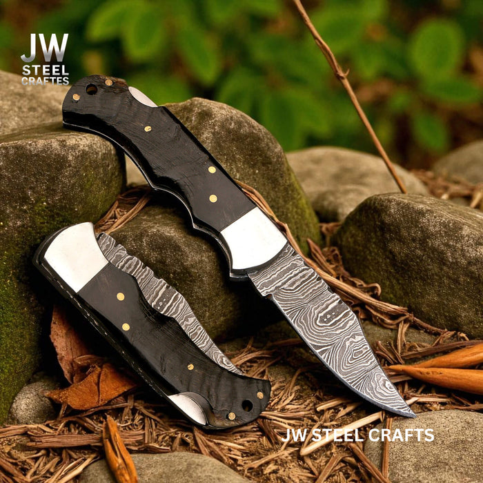 Handmade Damascus Folding Knife with Ram Horn or American Flag Handle