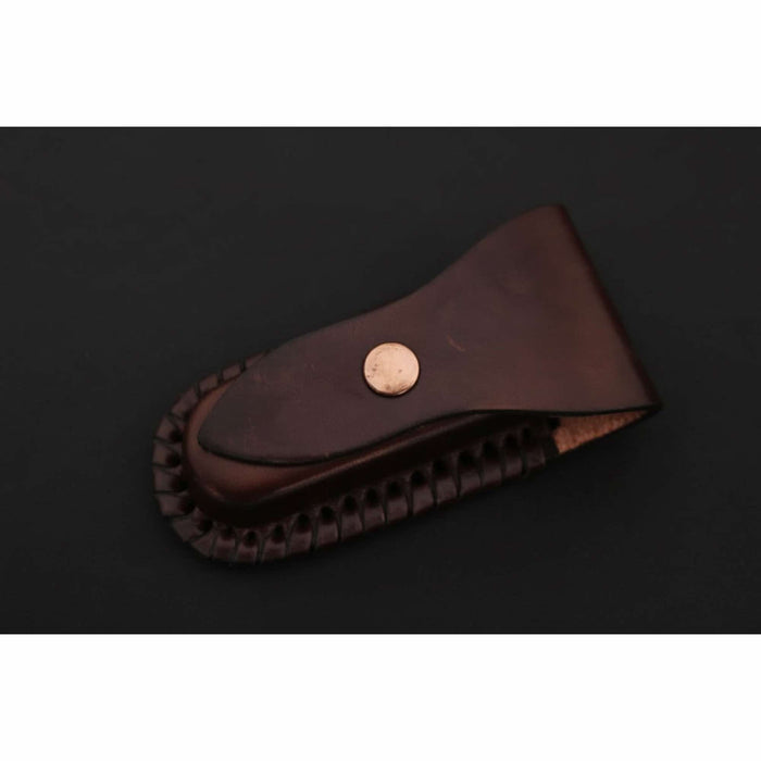 Handmade Damascus Folding Knife with Bone Handle – Compact EDC Pocket Knife with Leather Sheath